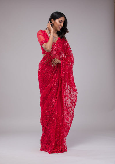 Red Sequins Net Saree-Koskii