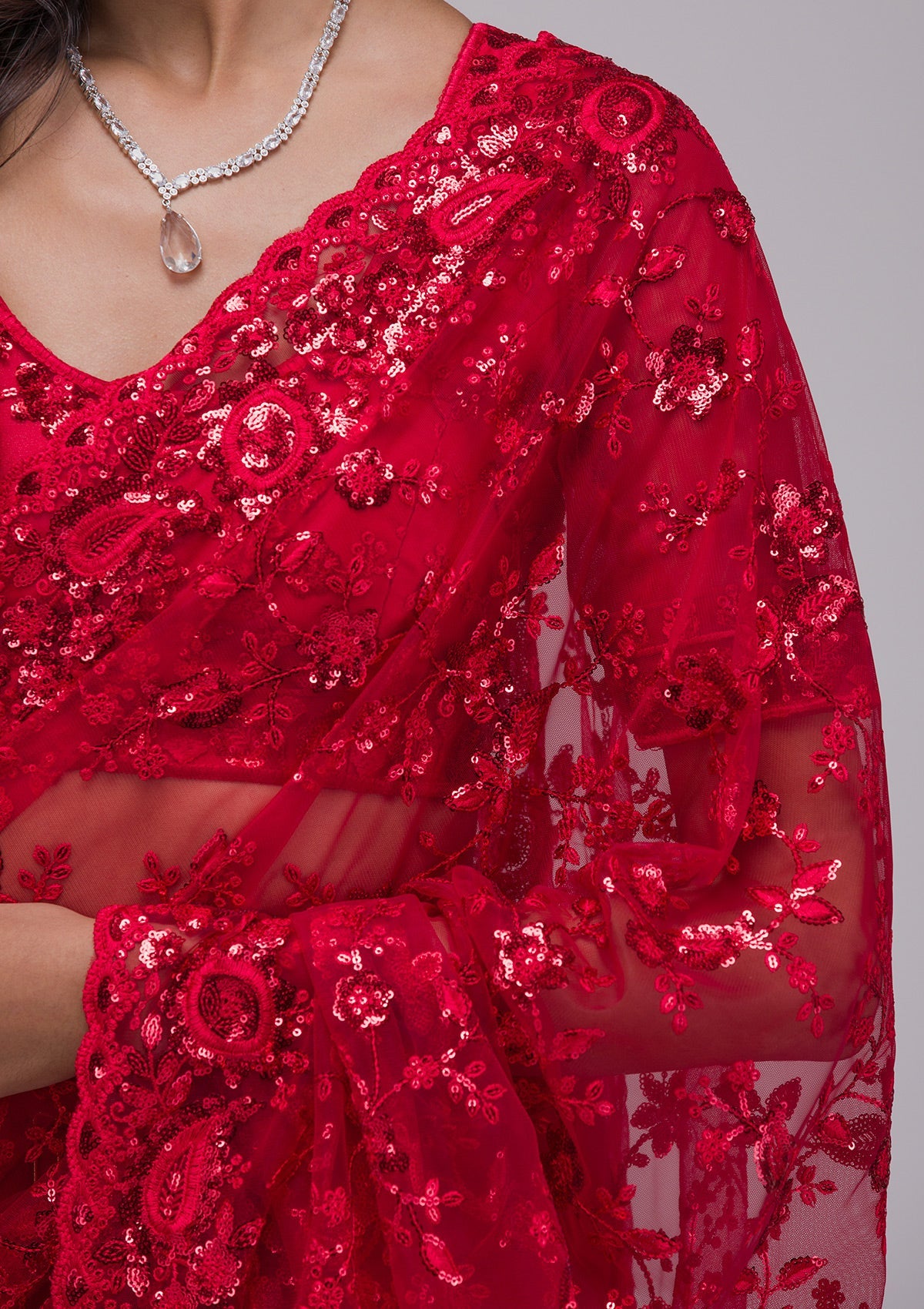 Red Sequins Net Saree-Koskii