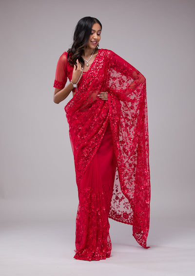 Red Sequins Net Saree-Koskii