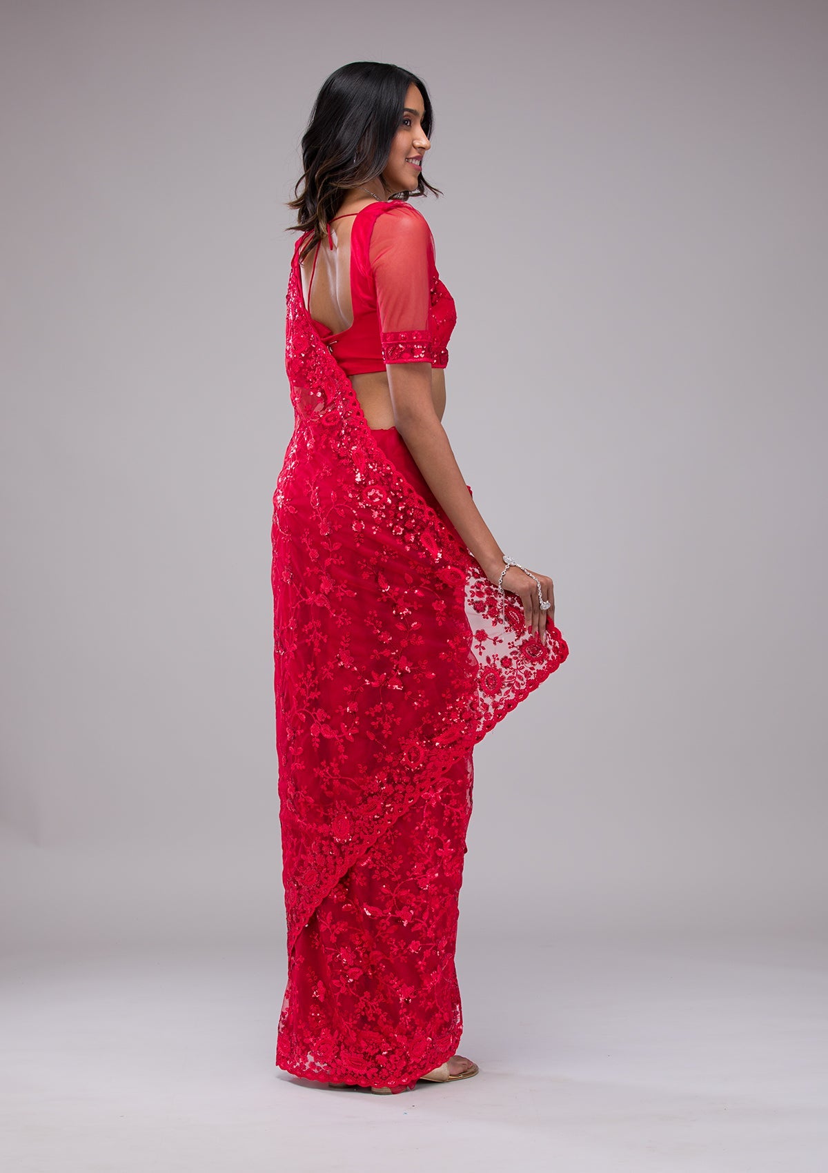 Red Sequins Net Saree-Koskii