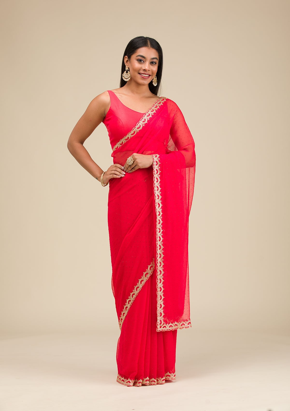 Red Silver Stonework Chiffon Saree-Koskii