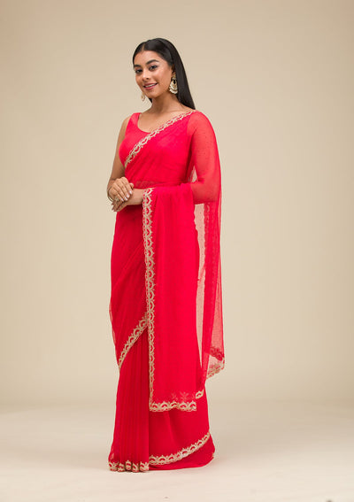 Red Silver Stonework Chiffon Saree-Koskii