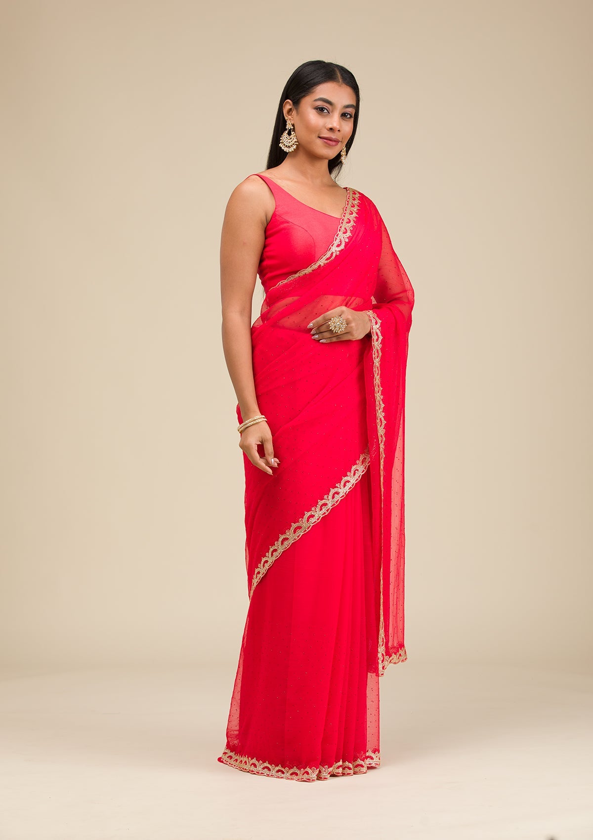 Red Silver Stonework Chiffon Saree-Koskii