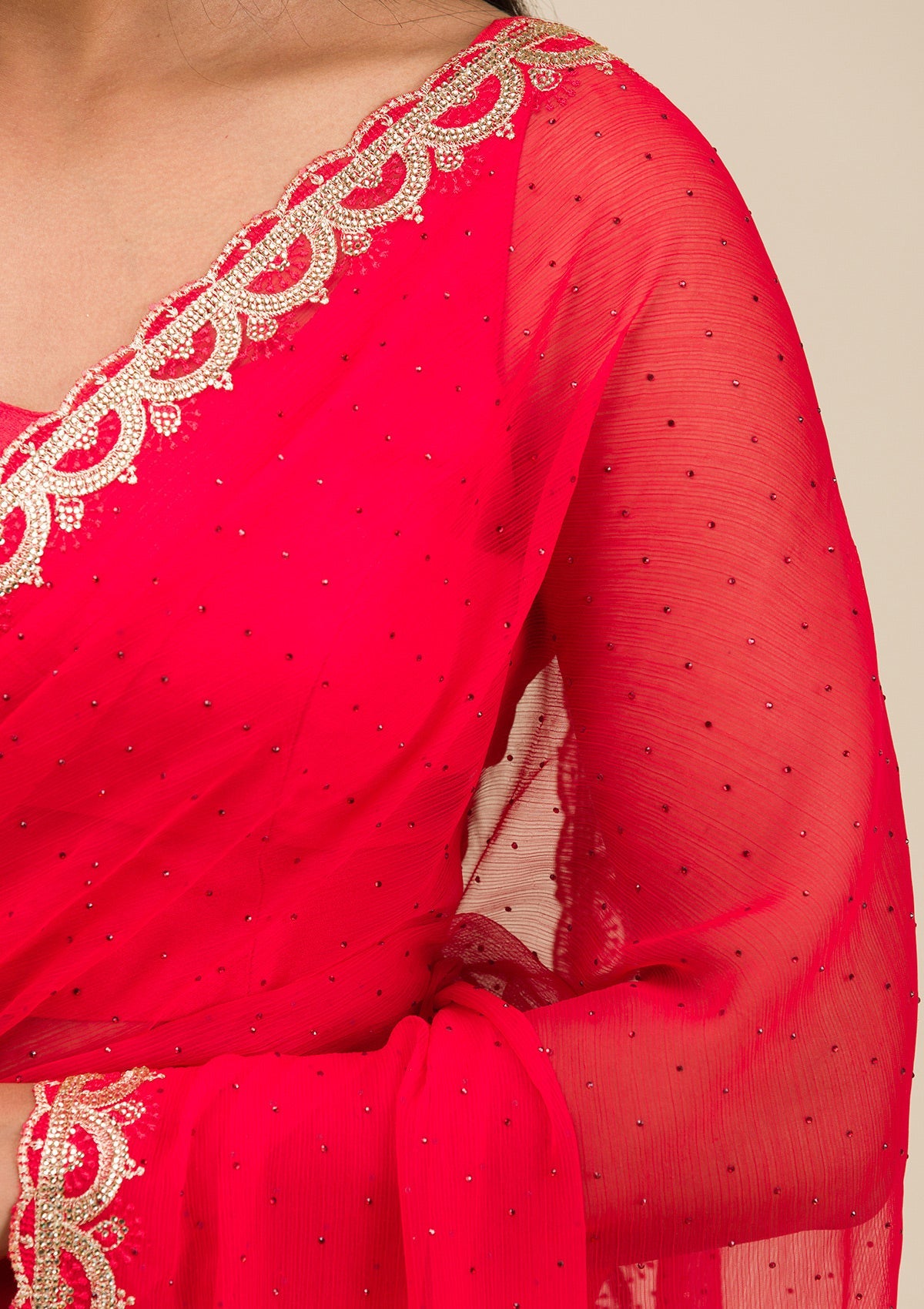 Red Silver Stonework Chiffon Saree-Koskii