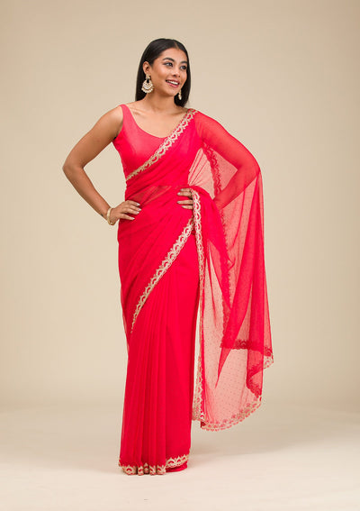 Red Silver Stonework Chiffon Saree-Koskii