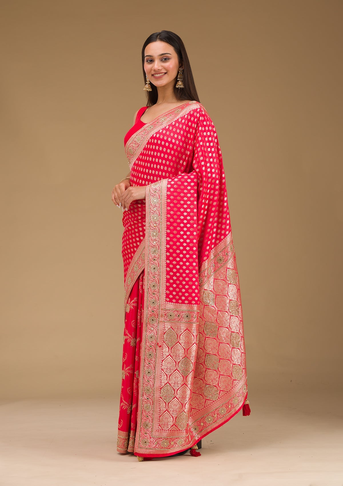 Red Stonework Art Silk Saree-Koskii