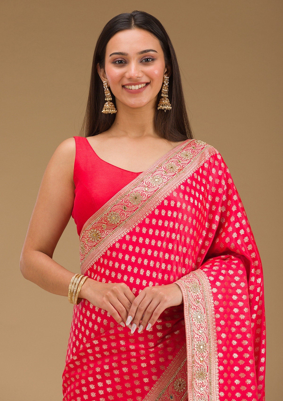 Red Stonework Art Silk Saree