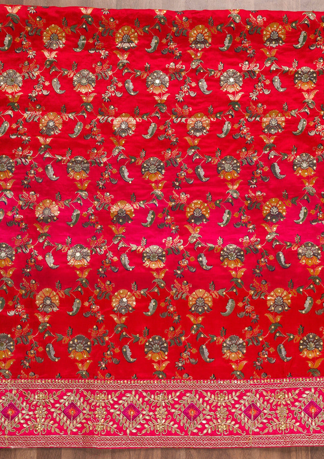 Red Stonework Banarasi Silk Unstitched Salwar Suit-Koskii