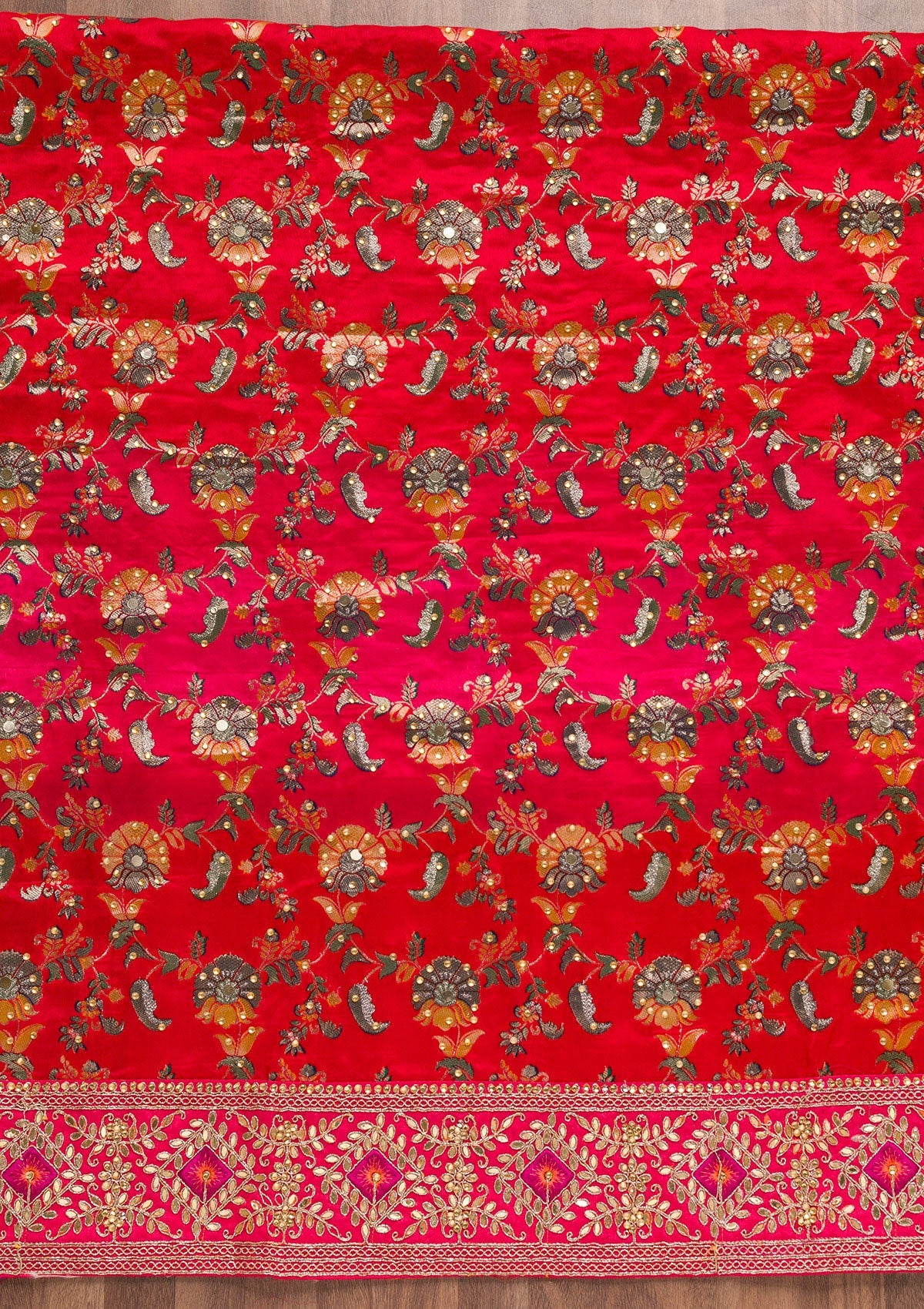Red Stonework Banarasi Silk Unstitched Salwar Suit-Koskii