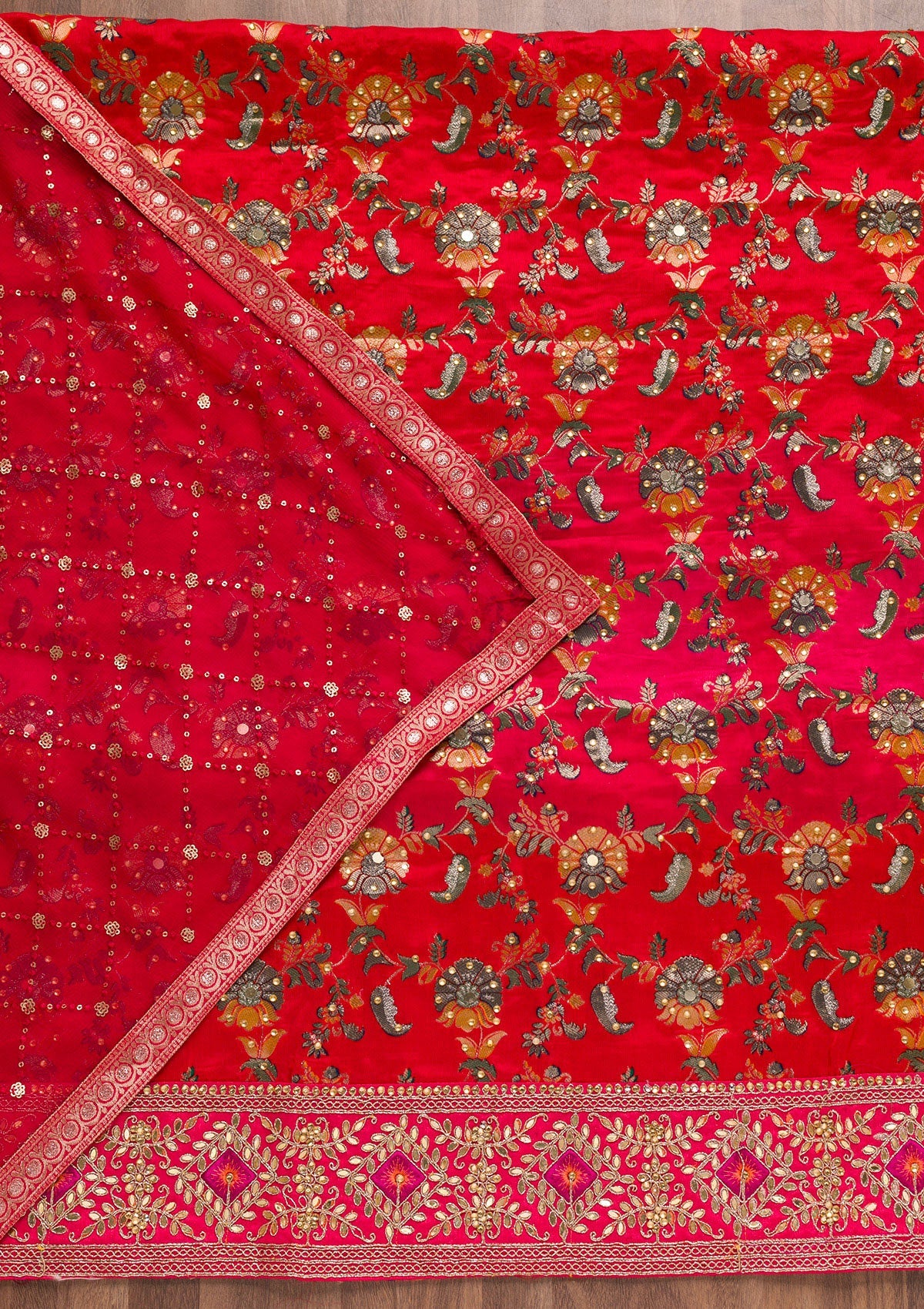 Red Stonework Banarasi Silk Unstitched Salwar Suit-Koskii