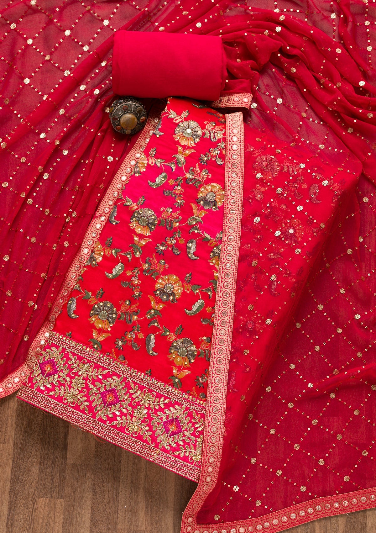 Red Stonework Banarasi Silk Unstitched Salwar Suit-Koskii