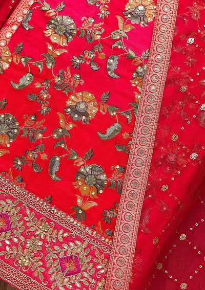 Red Stonework Banarasi Silk Unstitched Salwar Suit-Koskii