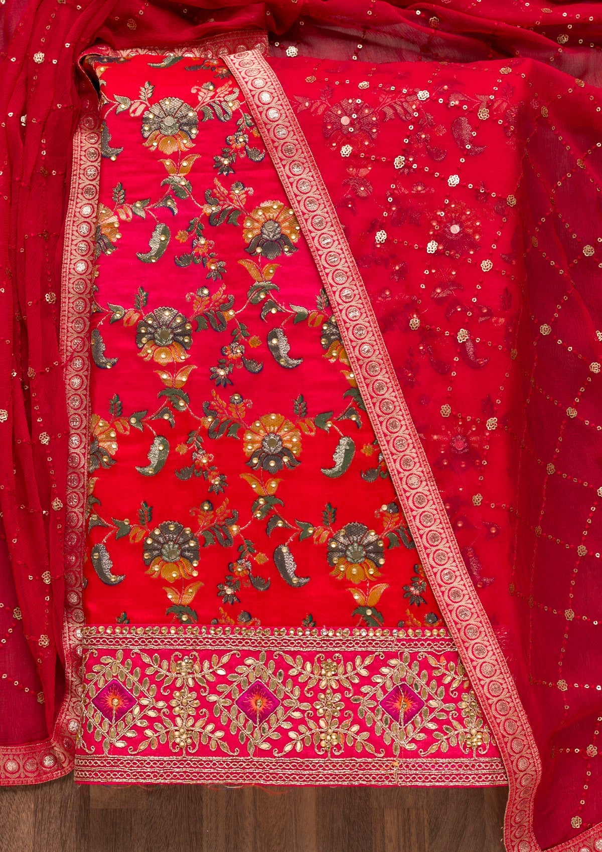 Red Stonework Banarasi Silk Unstitched Salwar Suit-Koskii