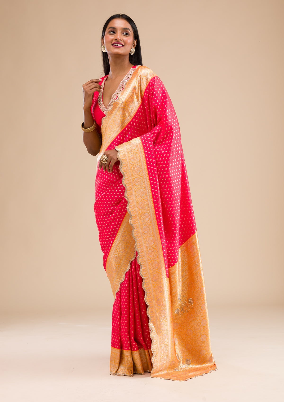 Red Stonework Banarasi Silk Saree-Koskii