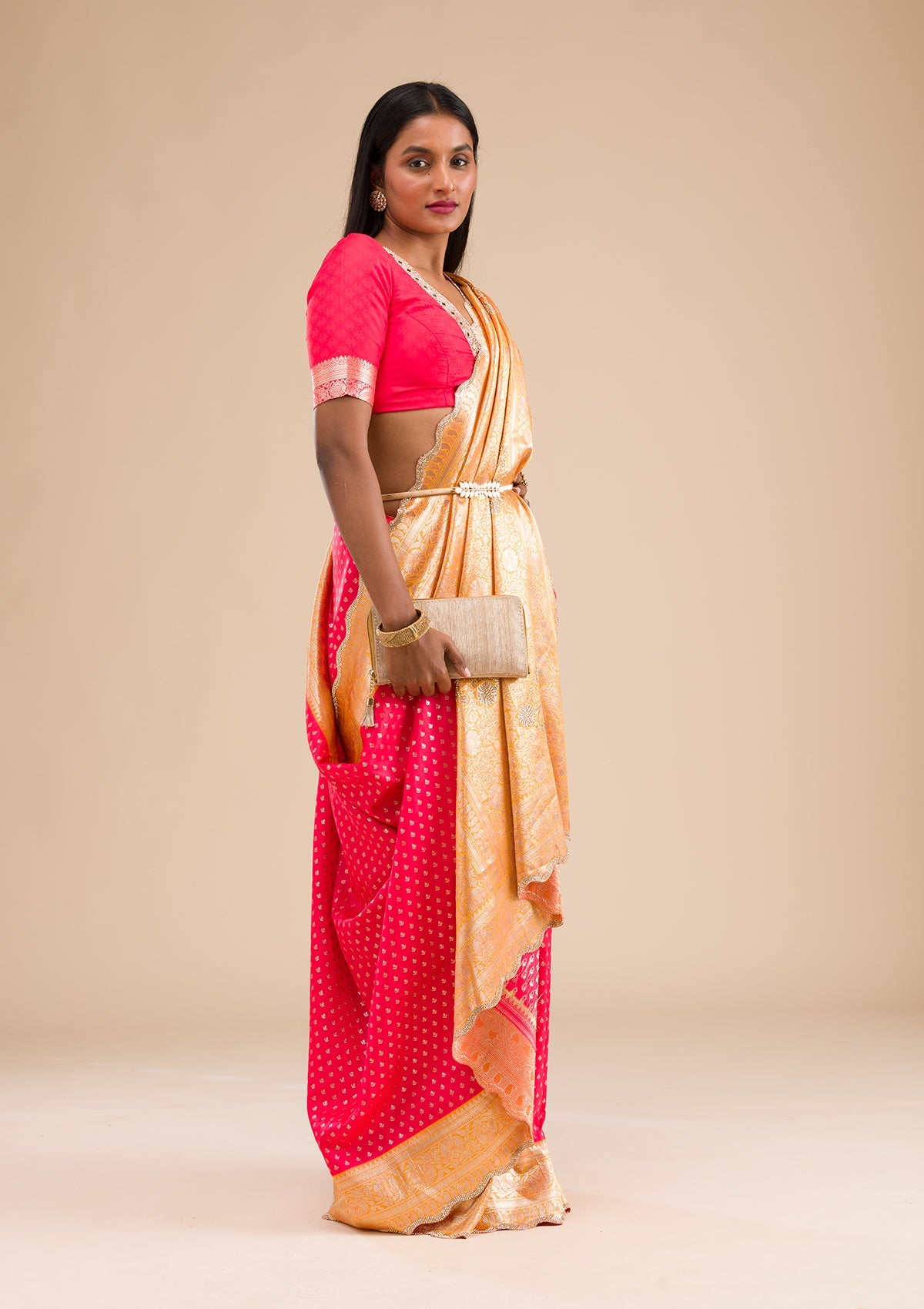 Red Stonework Banarasi Silk Saree-Koskii