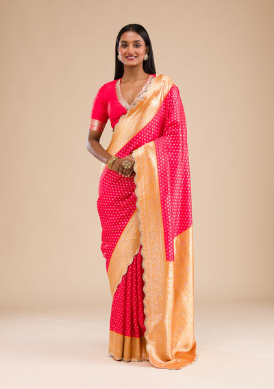 Red Stonework Banarasi Silk Saree-Koskii