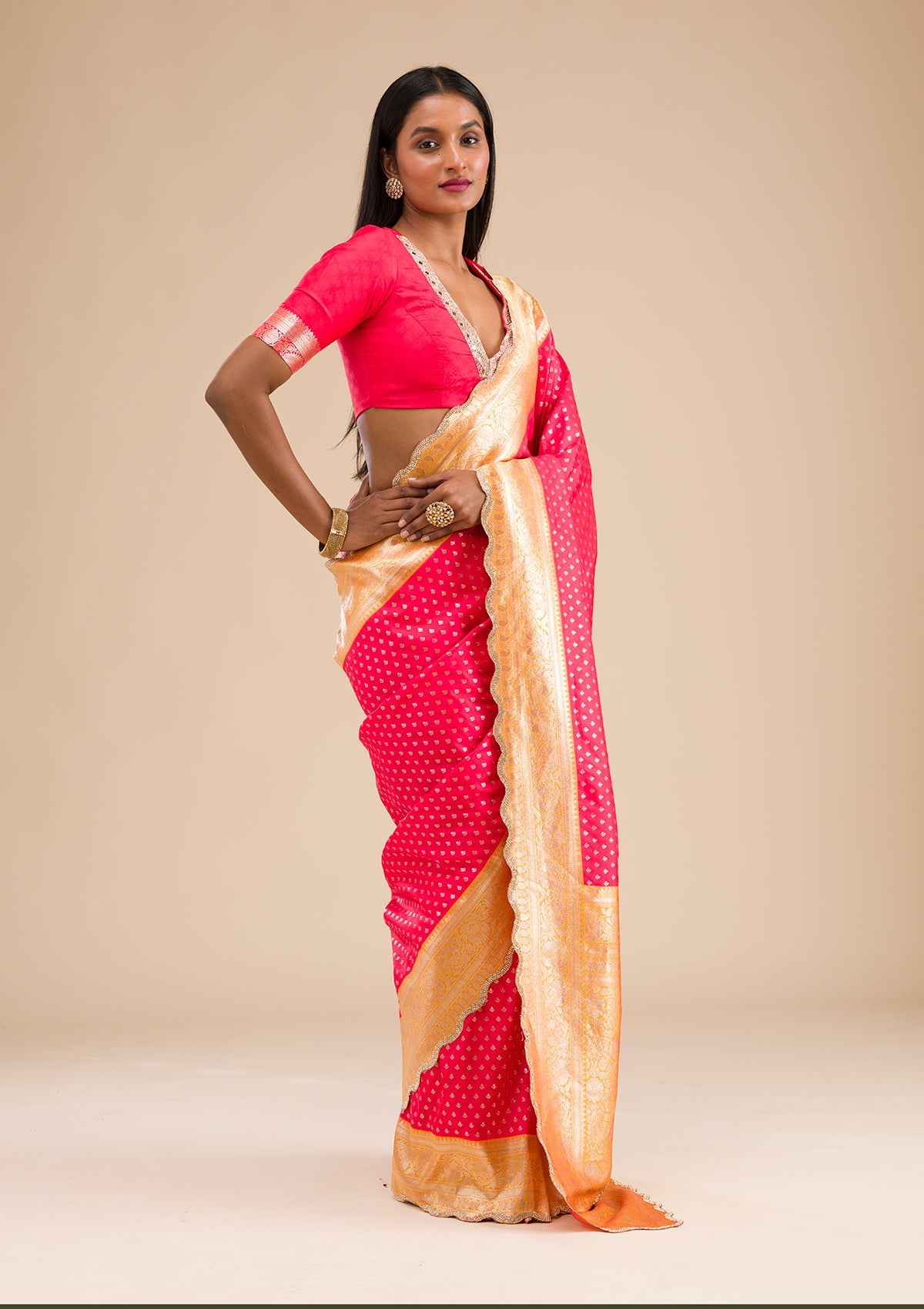 Red Stonework Banarasi Silk Saree-Koskii