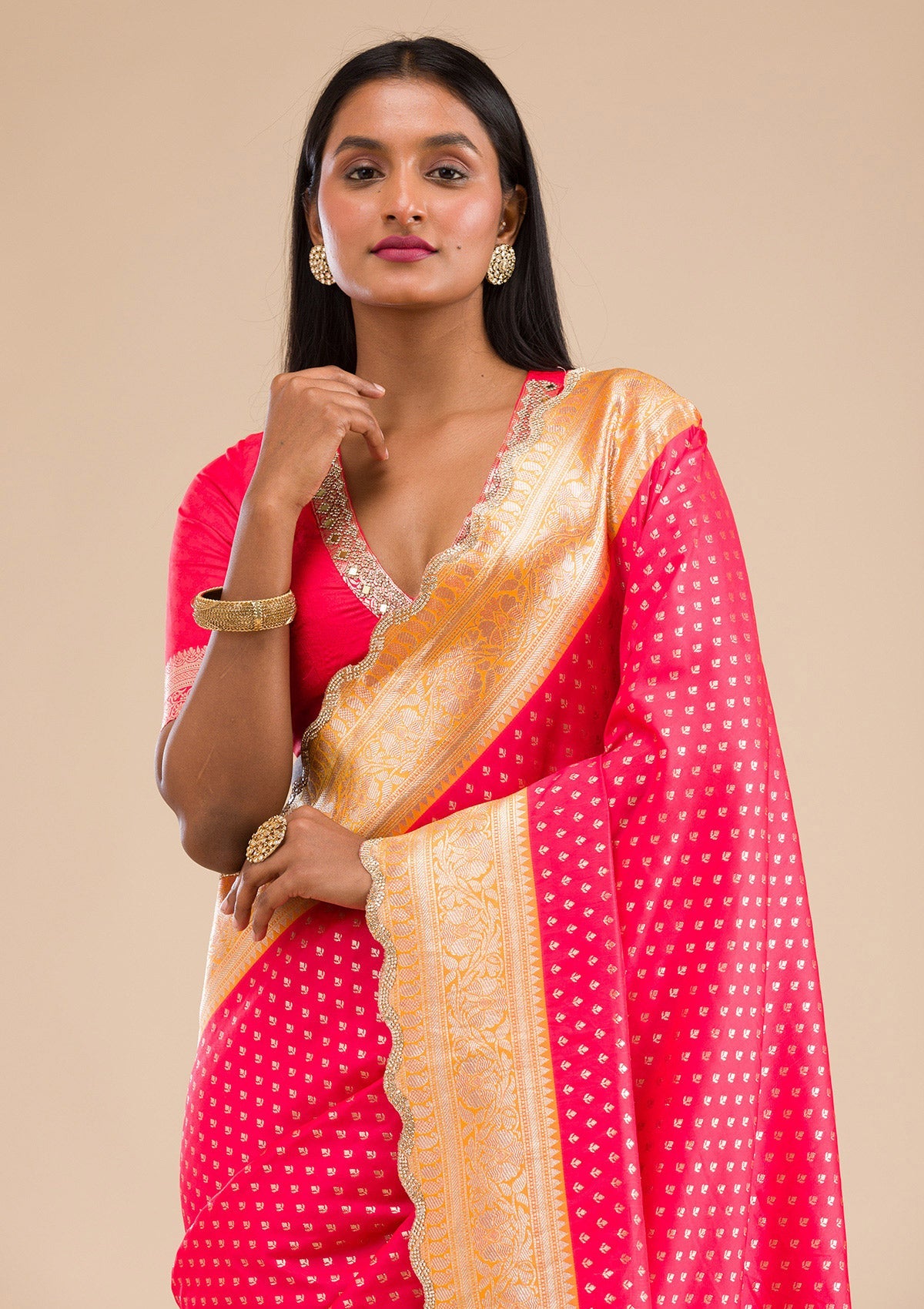 Red Stonework Banarasi Silk Saree-Koskii