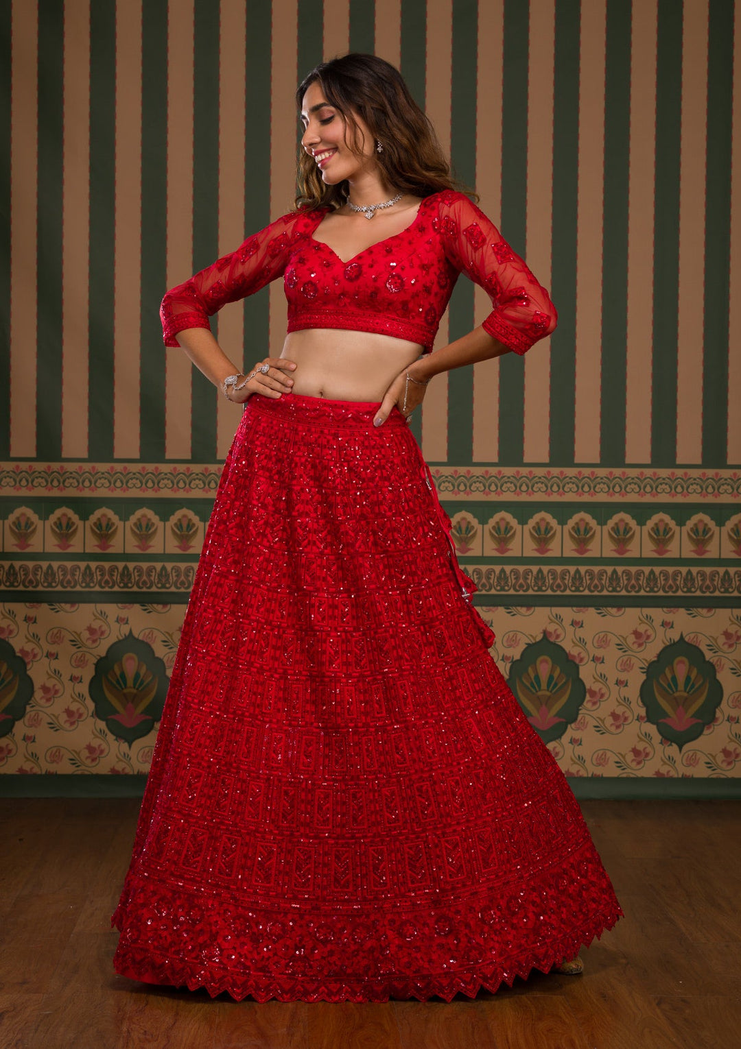 Red Stonework Net Semi Stitched Lehenga