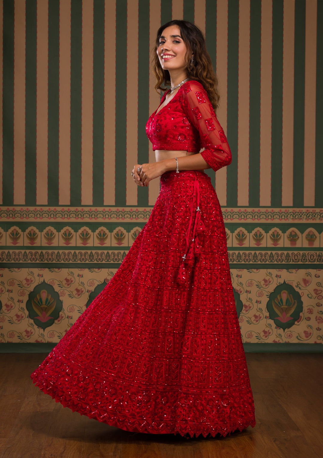 Red Stonework Net Semi Stitched Lehenga