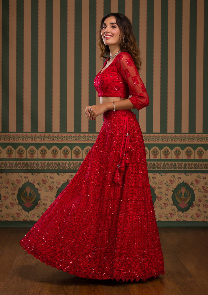 Red Stonework Net Semi Stitched Lehenga