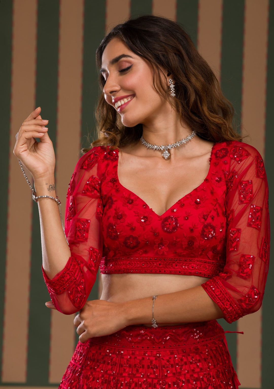 Red Stonework Net Semi Stitched Lehenga