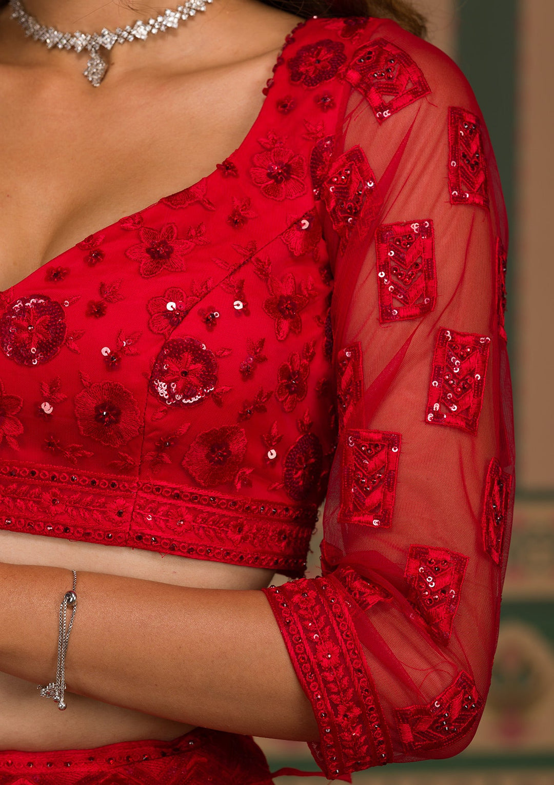 Red Stonework Net Semi Stitched Lehenga