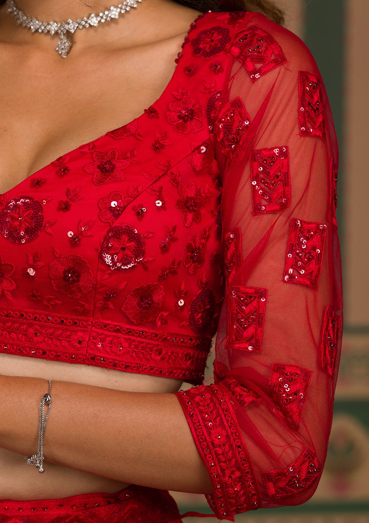 Red Stonework Net Semi Stitched Lehenga