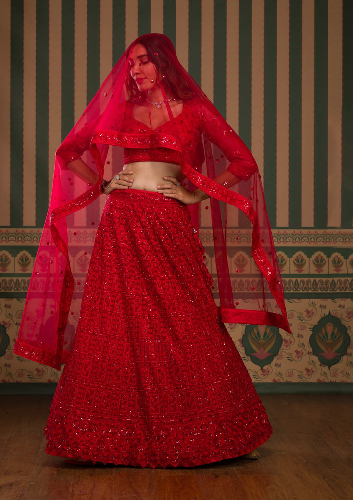 Red Stonework Net Semi Stitched Lehenga