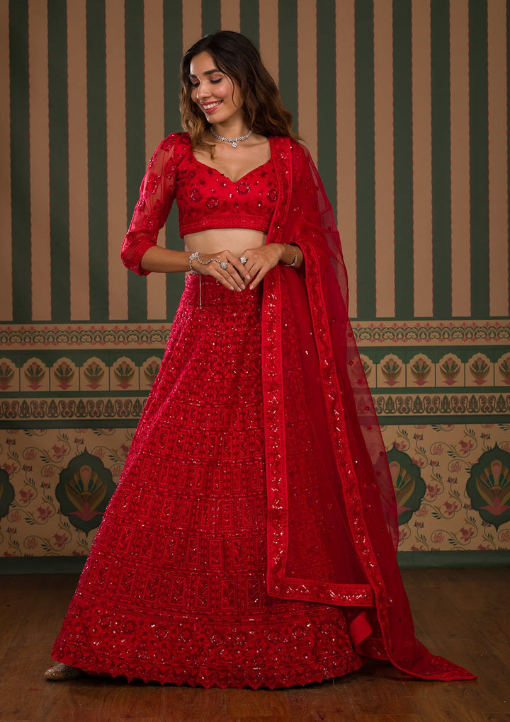 Red Stonework Net Semi Stitched Lehenga