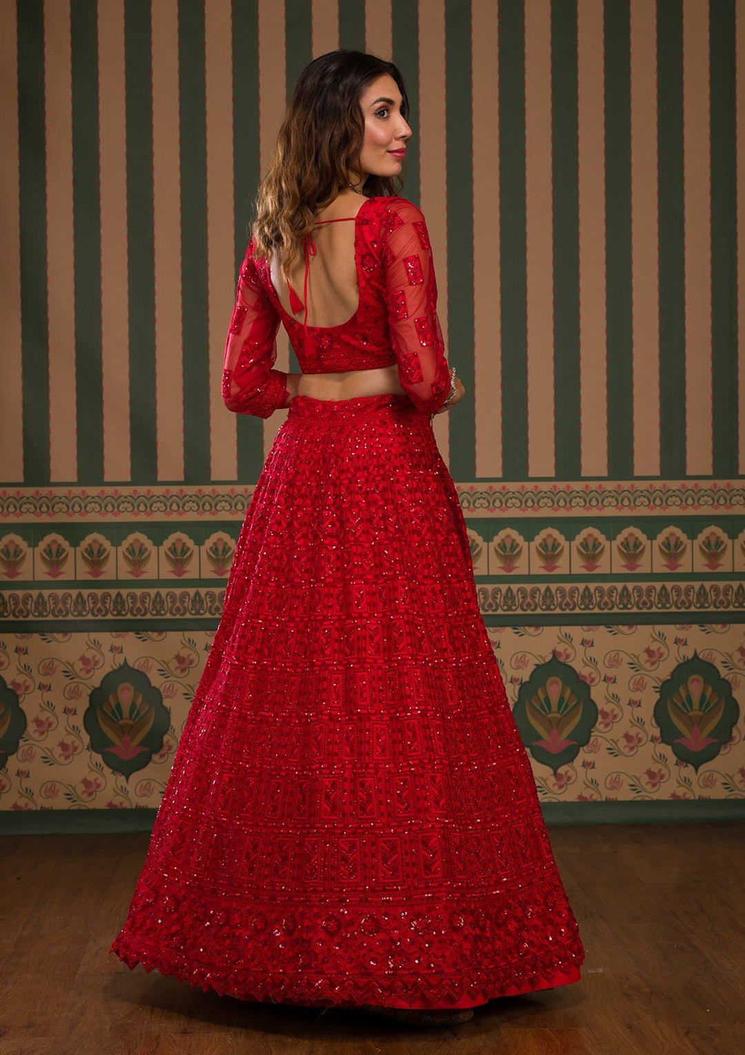 Red Stonework Net Semi Stitched Lehenga