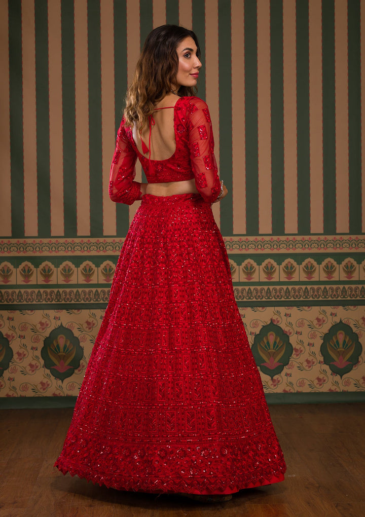 Red Stonework Net Semi Stitched Lehenga