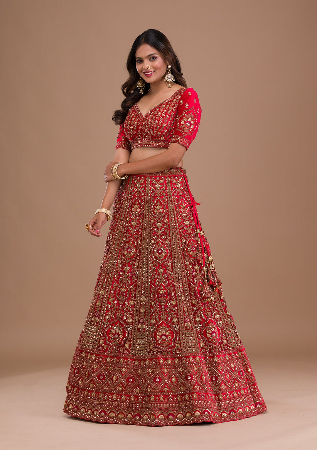 Red Stonework Net Readymade Lehenga-Koskii