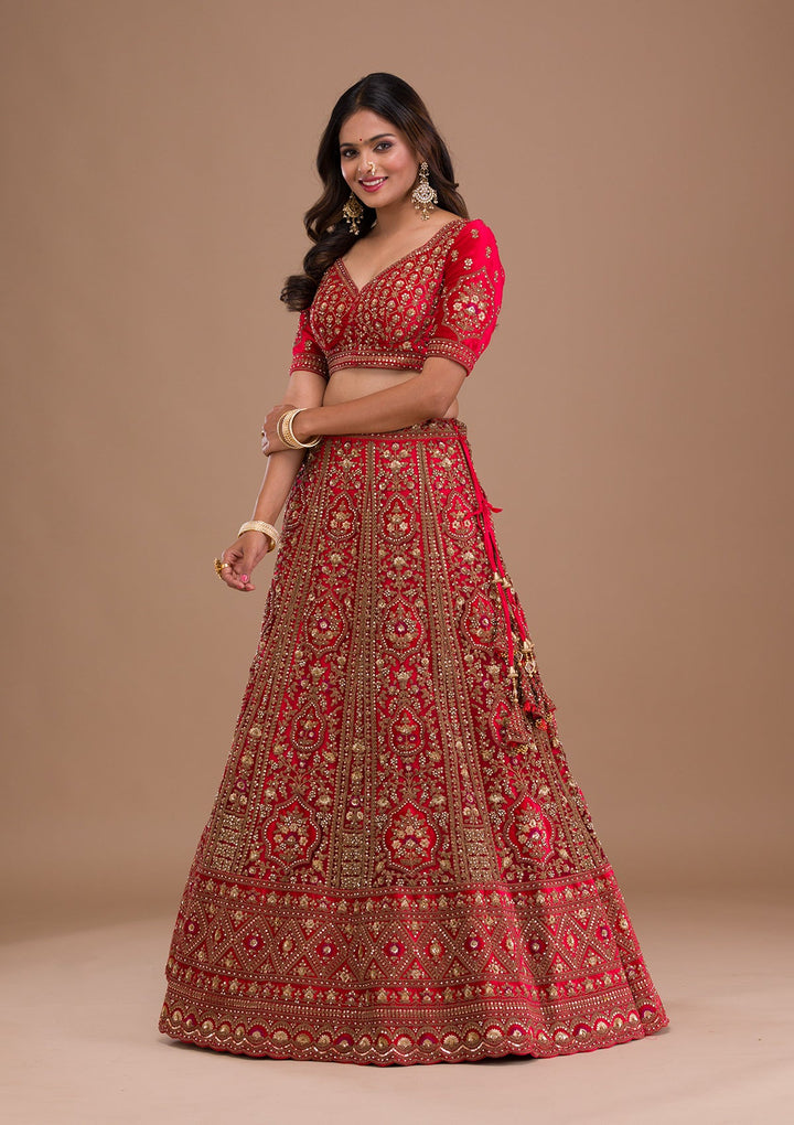 Red Stonework Net Readymade Lehenga-Koskii