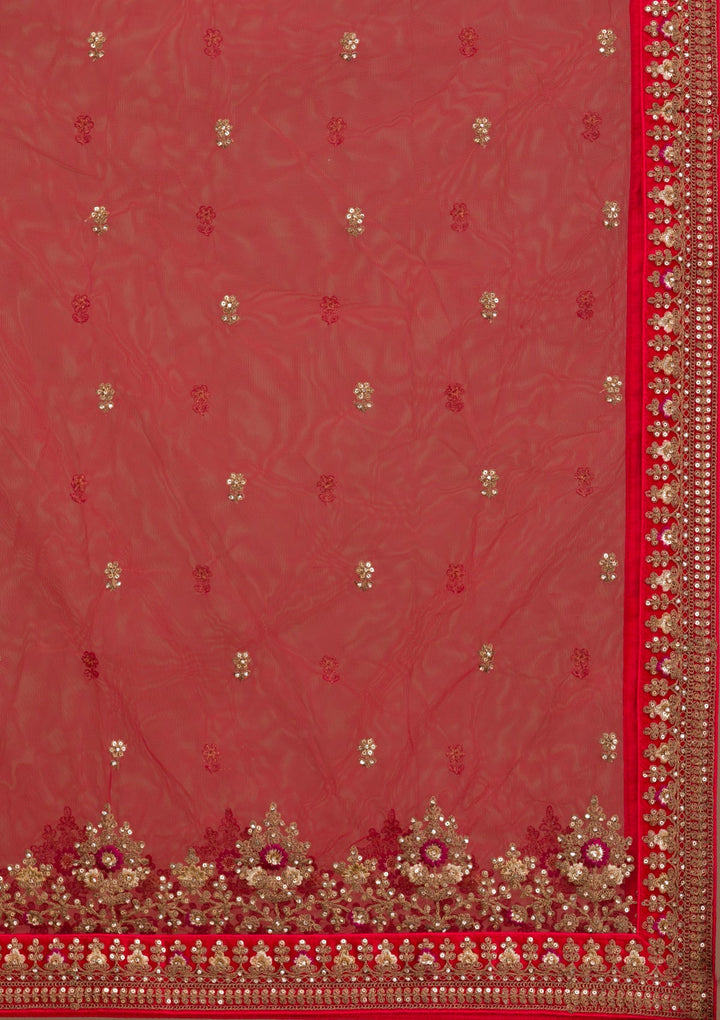 Red Stonework Net Readymade Lehenga-Koskii