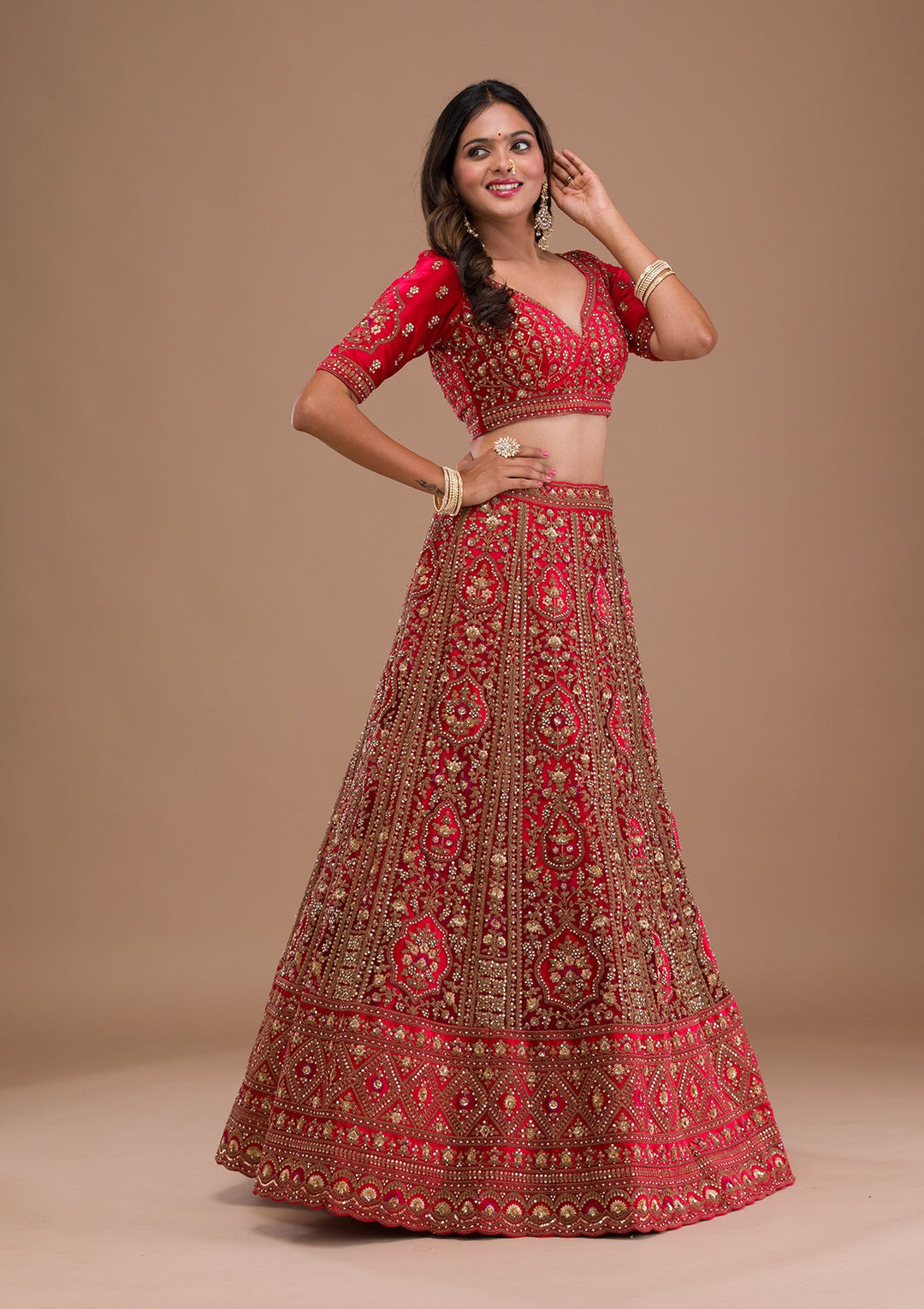 Red Stonework Net Readymade Lehenga-Koskii