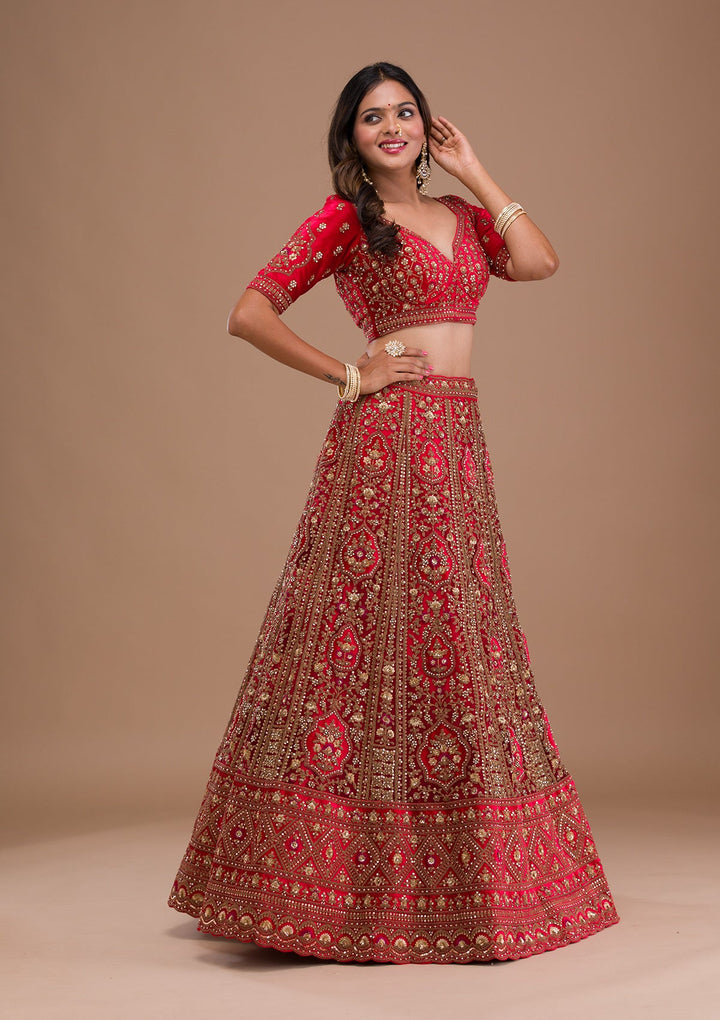 Red Stonework Net Readymade Lehenga-Koskii
