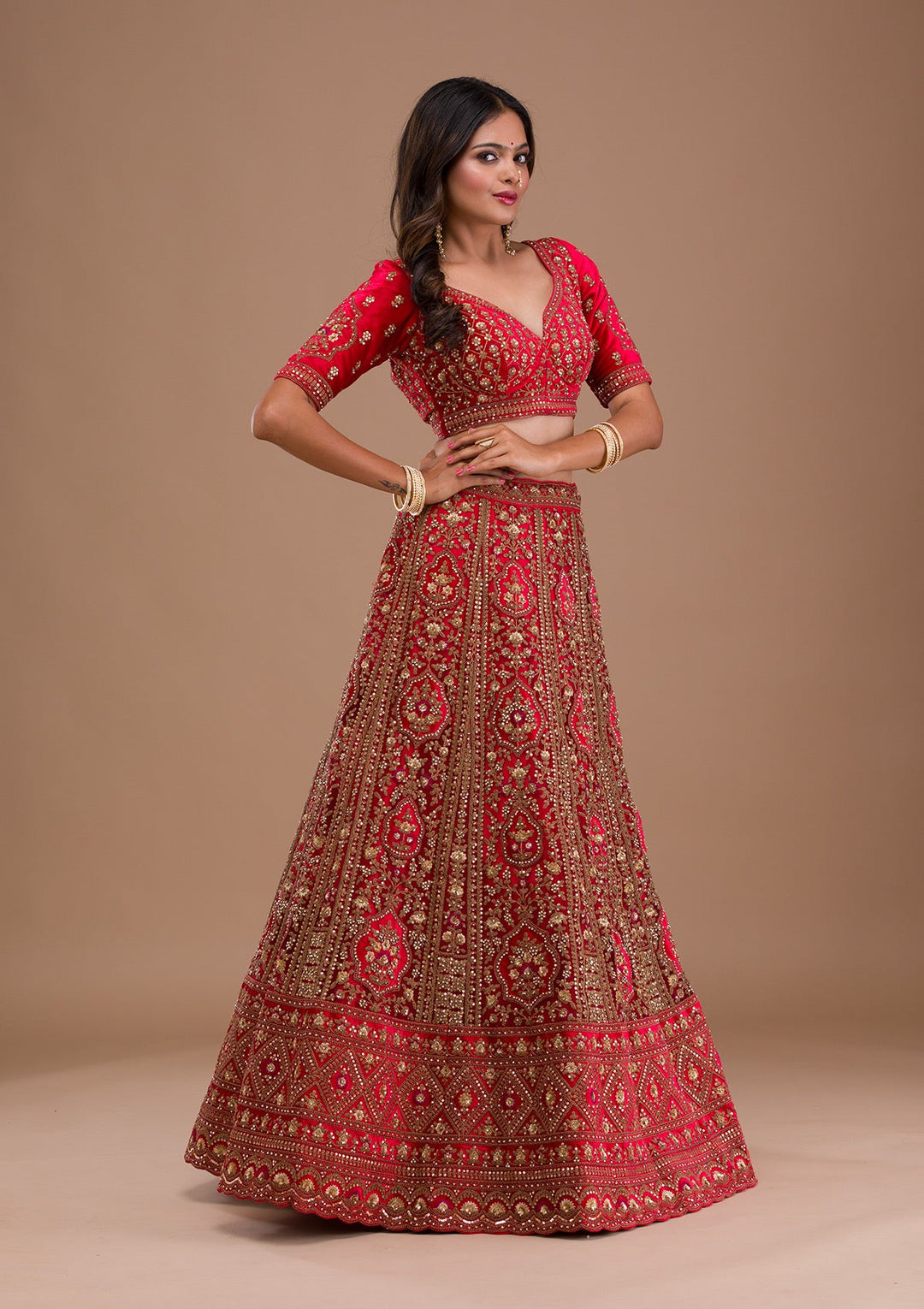 Red Stonework Net Readymade Lehenga-Koskii