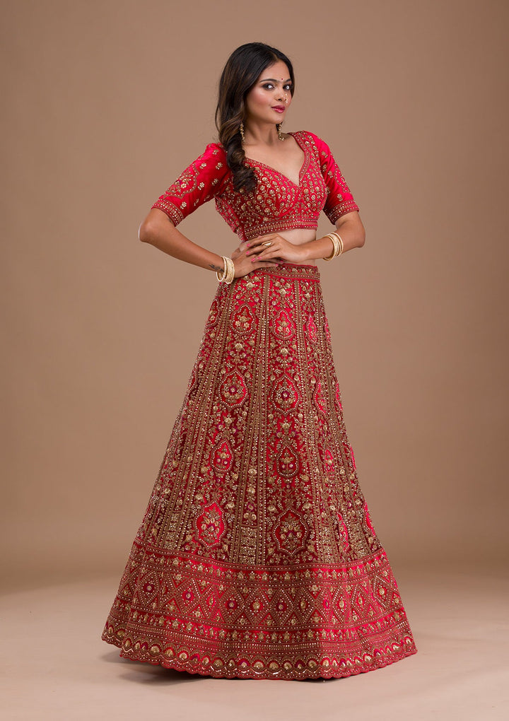 Red Stonework Net Readymade Lehenga-Koskii