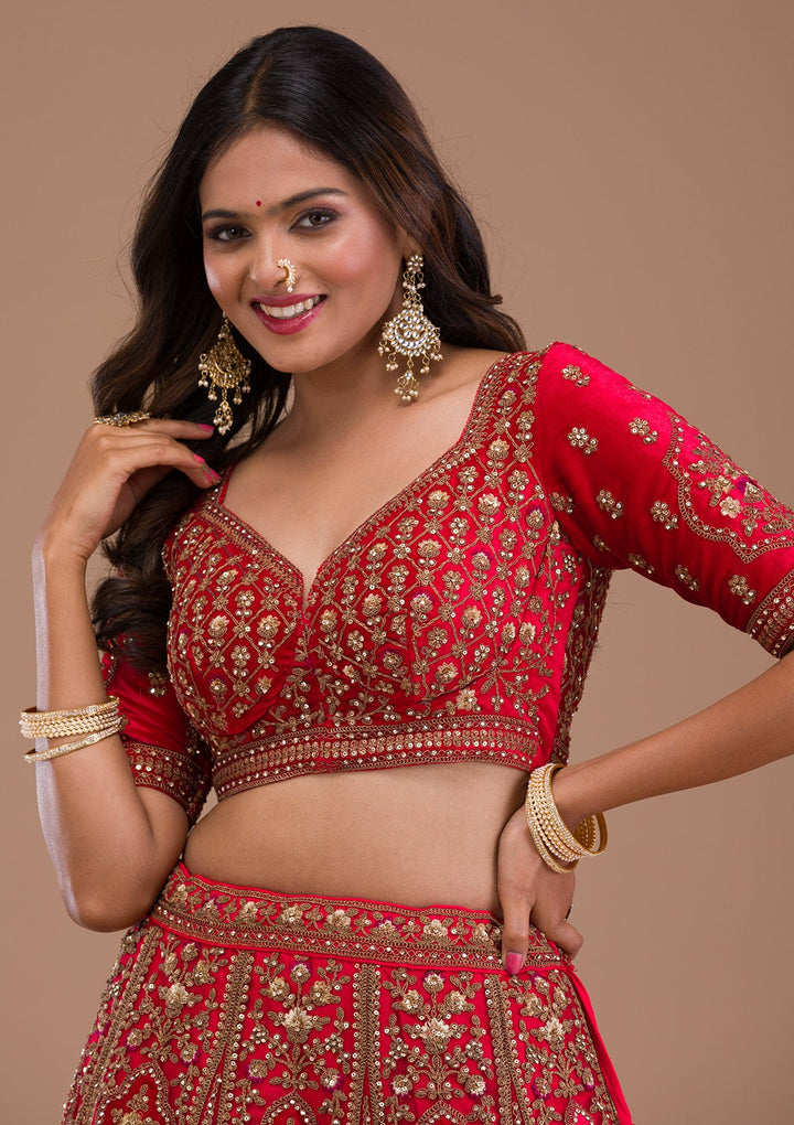 Red Stonework Net Readymade Lehenga-Koskii