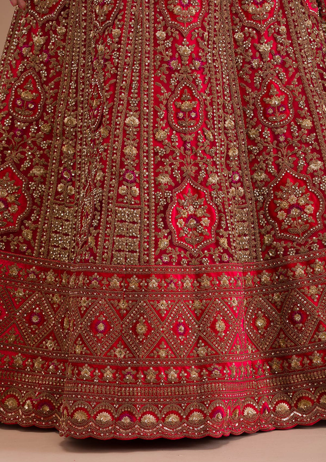 Red Stonework Net Readymade Lehenga-Koskii