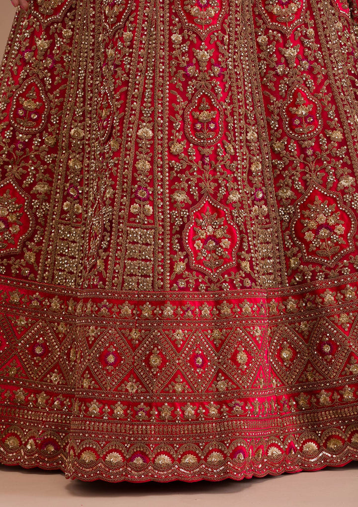 Red Stonework Net Readymade Lehenga-Koskii