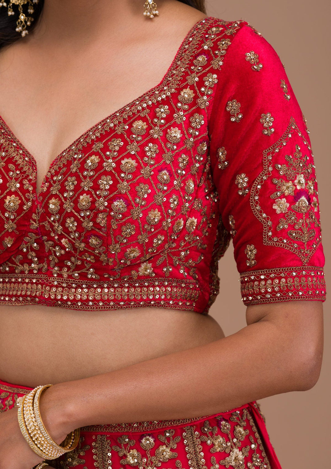 Red Stonework Net Readymade Lehenga-Koskii