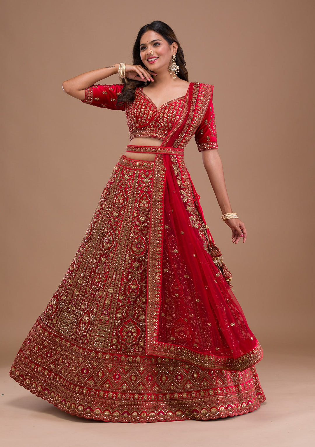 Red Stonework Net Readymade Lehenga-Koskii