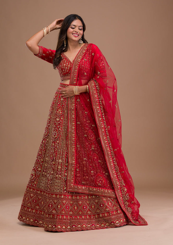 Red Stonework Net Readymade Lehenga-Koskii