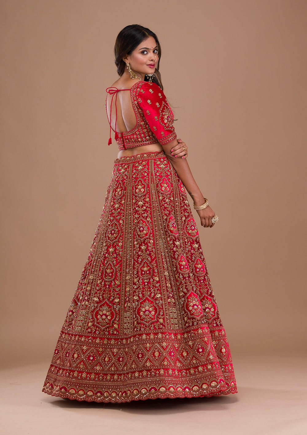 Red Stonework Net Readymade Lehenga-Koskii