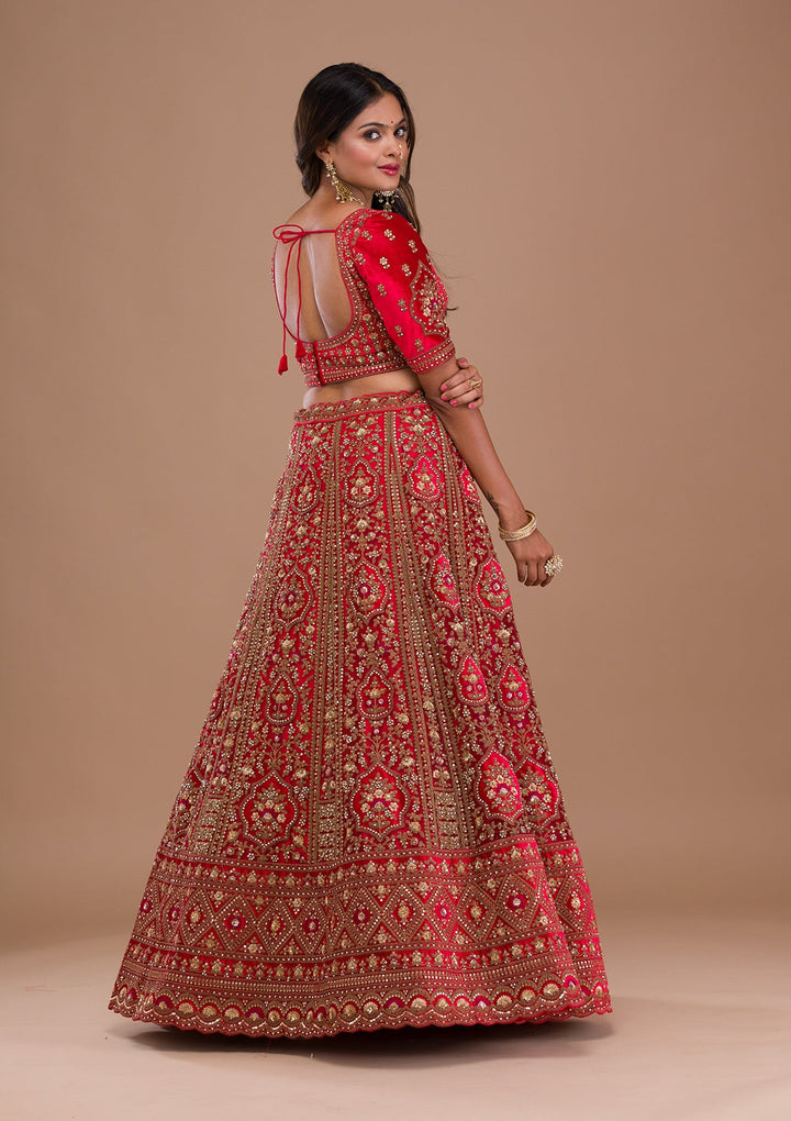 Red Stonework Net Readymade Lehenga-Koskii