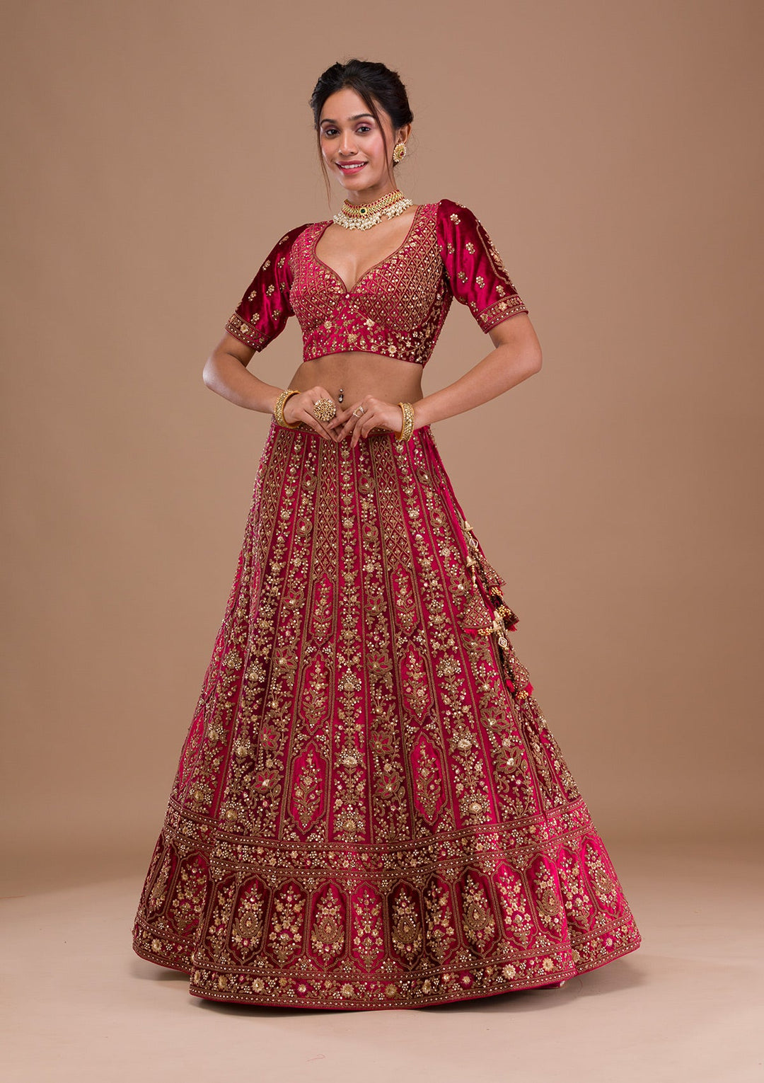 Red Stonework Net Readymade Lehenga-Koskii
