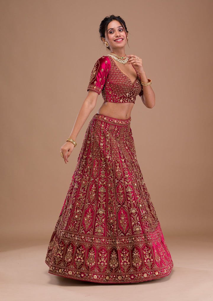 Red Stonework Net Readymade Lehenga-Koskii