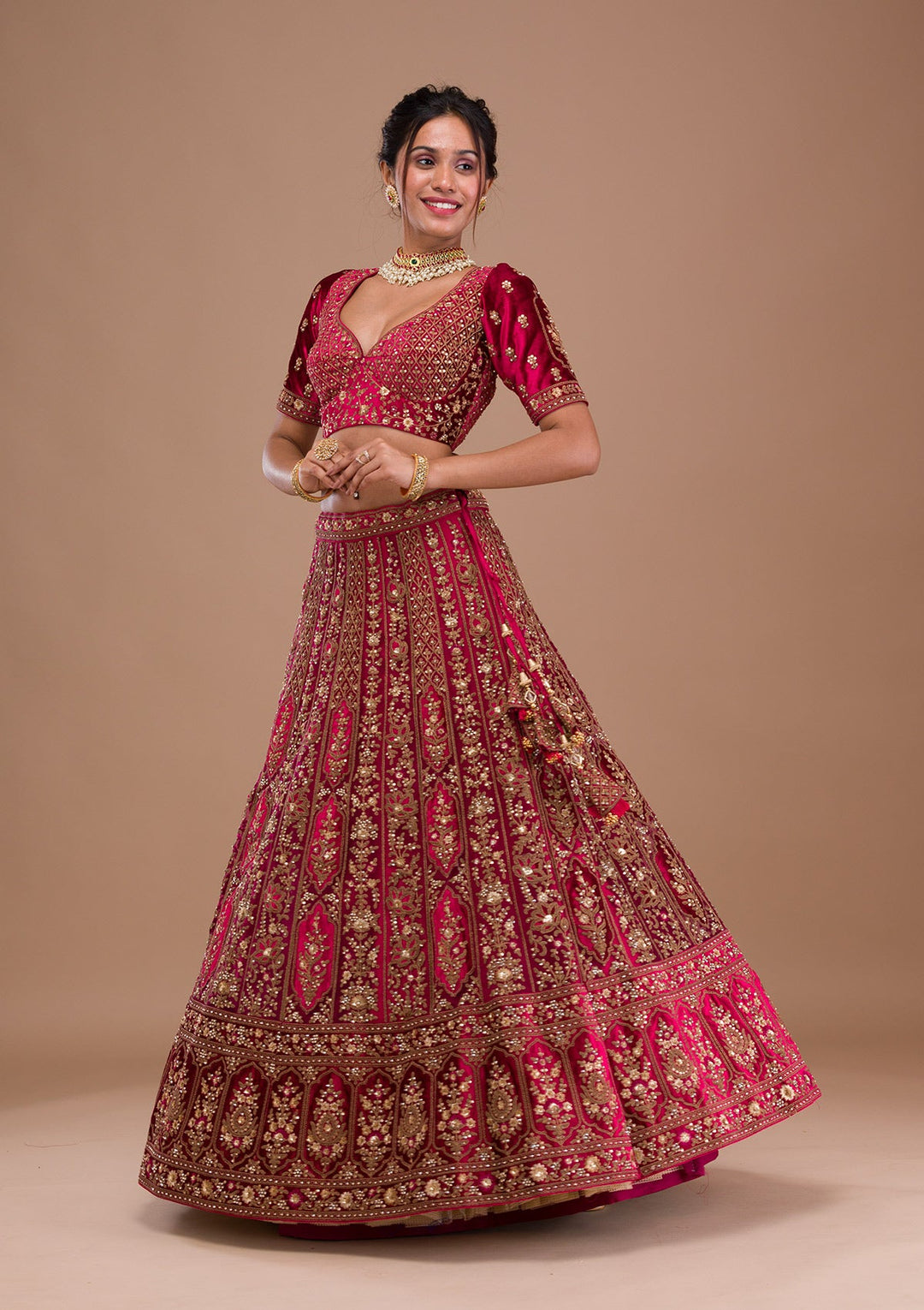 Red Stonework Net Readymade Lehenga-Koskii